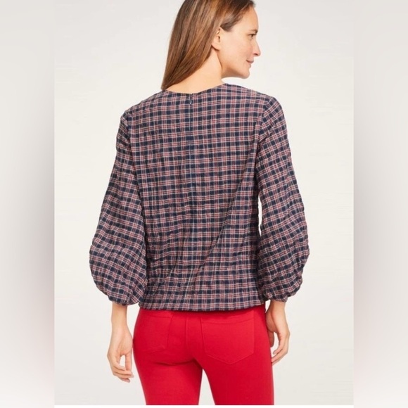 J.McLaughlin Tartan Plaid Seersucker Size Med Cotton Blouse Blouson Sleeve Women - Picture 2 of 11